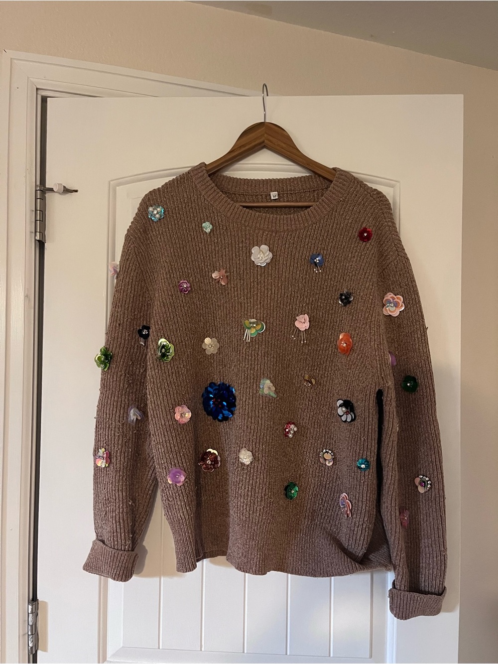 Boutique • Tan Sweater with Sequin Flowers’s